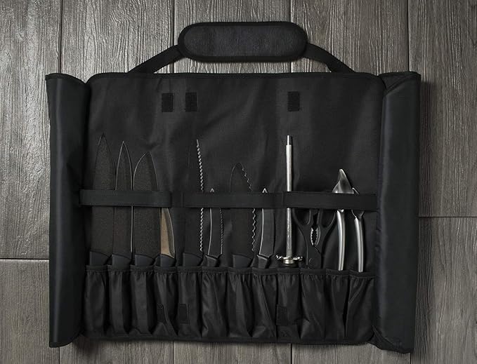 Asaya Chef Knife Roll Bag - 20 Total Pockets for Knives and Kitchen Utensils - Made with Stain Resistant Waxed Nylon - For Chefs and Culinary Students - Knives Not Included(Black)