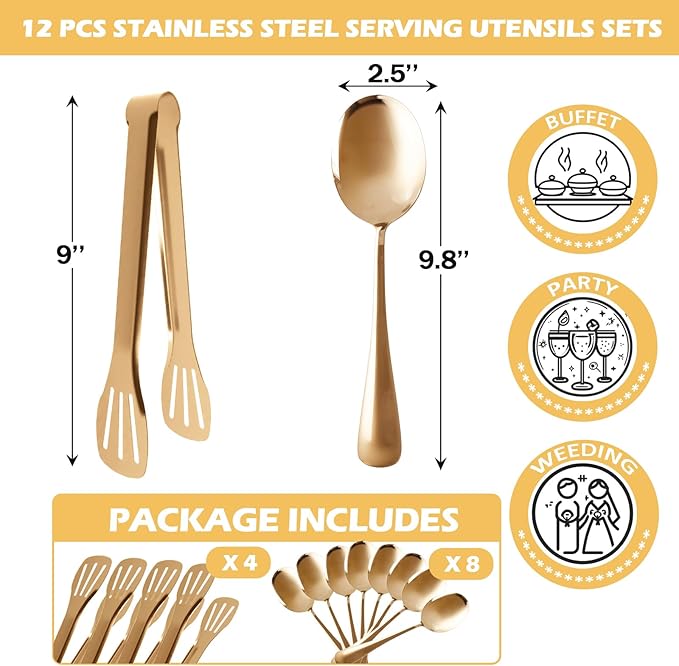 12PCS Stainless Steel Serving Utensils Sets,8 Large Serving Spoons,4 Serving Tongs,Gold Serving Utensills Sets for Buffet Catering Banquet Party (Gold)