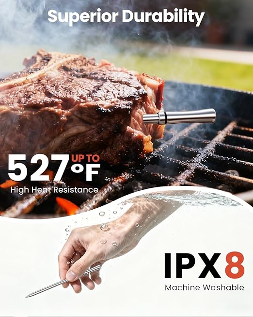 Wireless Bluetooth Smart Meat Thermometer: ±0.5°F Accuracy, 1 Probe with 6 Sensors - WiFi Digital Thermometer with LED Base, NIST Certified Accuracy, Long-Range for BBQ, Grill, Smoker, Oven