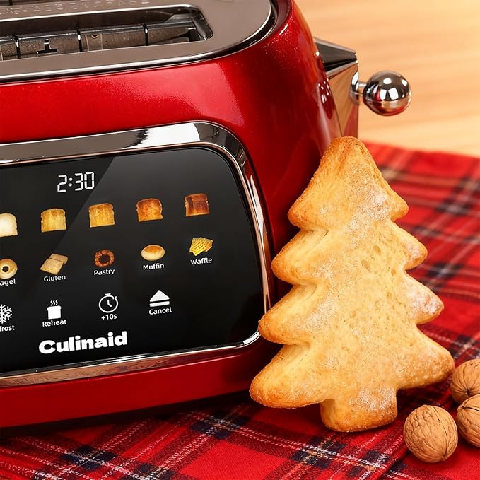 Toaster 2 Slice Smart Touch Screen, Retro 1.5'' Extra Wide Slot Stainless Steel Digital Bread Toaster with Memory Function, Bagel, Defrost, 6 Browning Levels and Removable Crumb Tray, Red