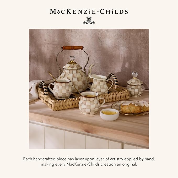 MACKENZIE-CHILDS Enamel Pedestal Platter, Round Cake Stand, Large, Brown-and-White Mocha Check