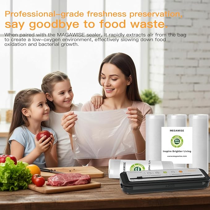 MegaWise 5 Rolls of Vacuum Sealer Machine Bags, 8 inch wide and 21.6 Feet Long for Megawise & other brand vacuum Perfect for Meal Prep and Sous Vide Cooking