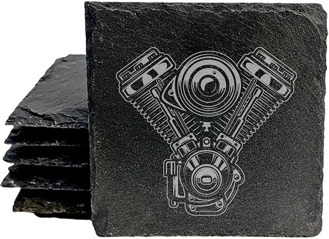 Rev Up Your Ride: V-Twin Engine Coasters for Bikers - Square Slate - Set of 6
