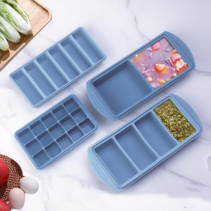 Silicone Freezer Molds Gift Set with 2 Tbsp, 1/2, 1, and 2 Cup Silicone Freezer Trays With Lids - Meal Prep and Kitchen Essentials Bundle (Blue 4 Pack)