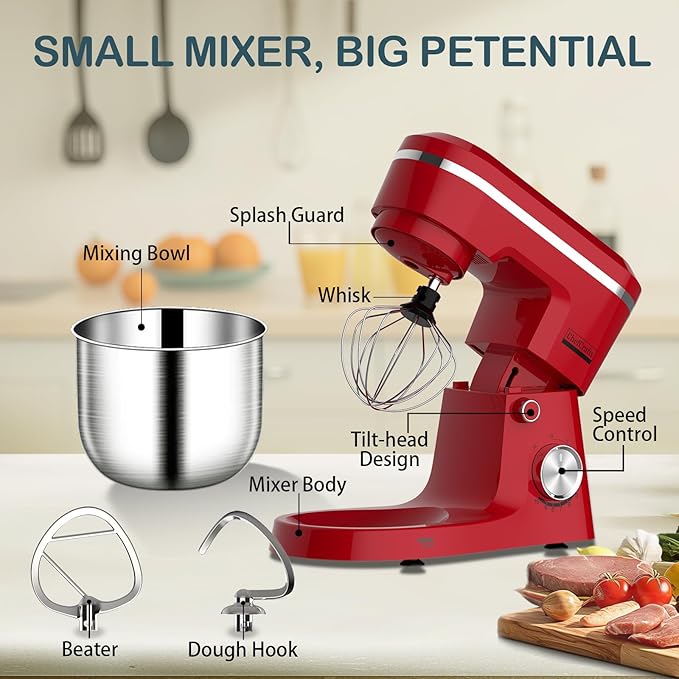 Household Stand Mixer with 6.5 Quart Bowl, Electric Food Mixer 10+p Speeds 660W, Kitchen Tilt-Head Bread Dough and Cake Mixers with Dough Hook, Whisk, Beater, Splash Guard and Egg Separator (Red)