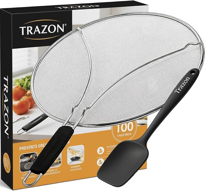 Grease Splatter Screen for Frying Pan 13 inch - Stops 99% of Hot Oil Splash - Protects Skin from Burns - Splatter Guard for Cooking - Iron Skillet Lid Keeps Kitchen Clean, includes Silicone Spatula