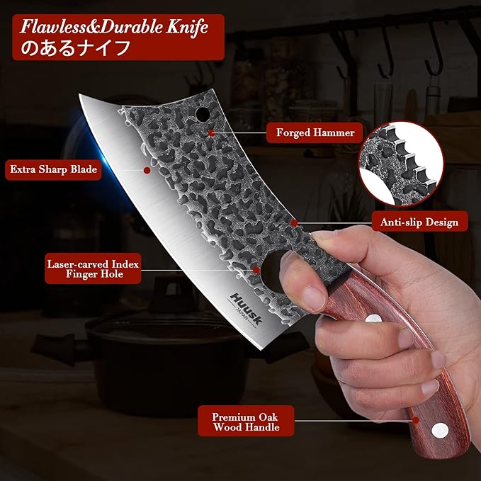 Huusk Meat Cleaver Knife, Hand Forged Butcher Knife for Meat Cutting, Full Tang Viking Knife with Sheath, Japanese Chef Knives for Kitchen, Outdoor Cooking, Camping, BBQ, Gift for Man and Women