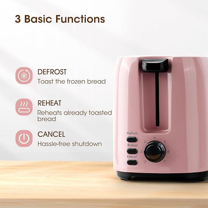 iSiLER 2 Slice Toaster, 1.3 Inches Wide Slot Bagel Toaster with 7 Shade Settings and Double Side Baking, Removable Crumb Tray, Defrost Cancel Function Pink