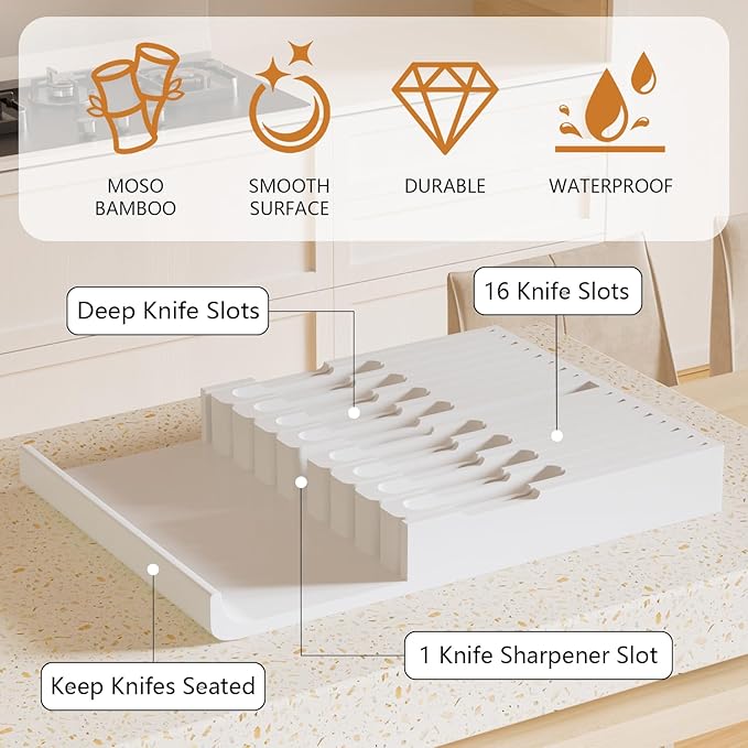 Domax Bamboo In-drawer Knife Block - Knife Drawer Organizer Insert Large Handle Steak Knife Holder, Kitchen Drawer Knife Organizer Fits for 16 knives and 1 Sharpening Steel (Not Included), White