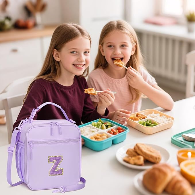 Initial Insulated Lunch Bag for Girls Kids, Back to School Gift, Reusable Leak-proof Lunch Box with Adjustable Strap for School Daycare Travel Picnic (Purple,Z)