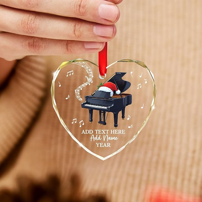 Customized Text Name & Year Piano Christmas Glass Ornament, Piano Lover Christmas Ornaments 2025, Personalized Pianist Xmas Tree Ornament, Musical Instrument Xmas Decor Gift for Son Daughter