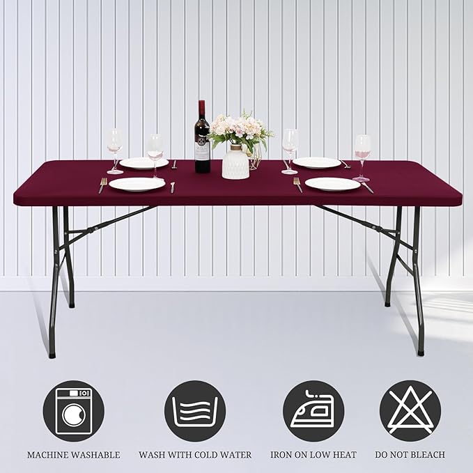6 Pack Stretch Fabric Table Top Cap Cover, fits 6' Tables, Spandex Table Covers Washable Elastic Rectangle Tablecloth Protector for Indoor Outdoor Party Picnic Wedding, Wine Red, 30" W x 72" L