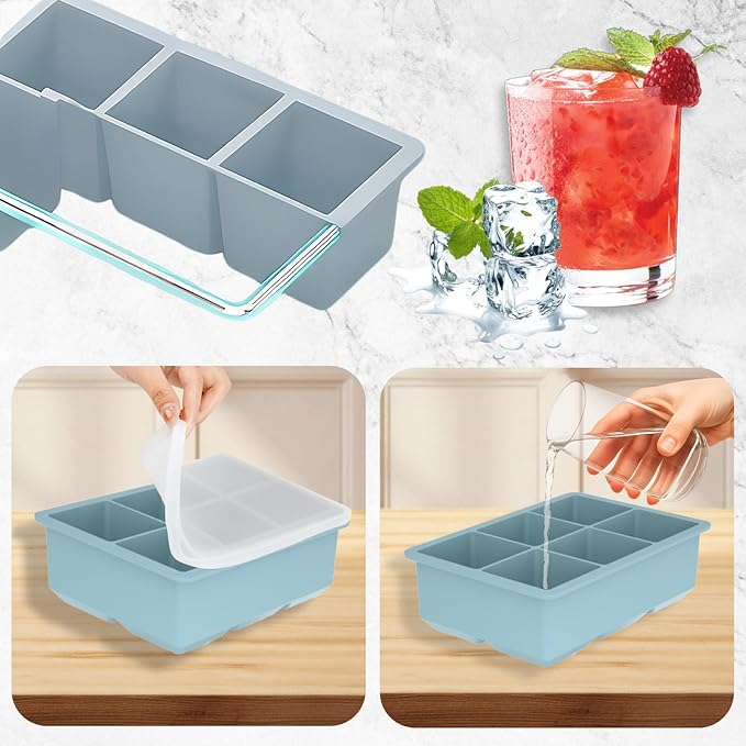 Large Silicone Ice Cube Trays with Lid, 6 Big Ice Cubes per Tray, Include 19.5cm/7.7in Ice Tongs - Perfect for Freezer, Whiskey, Cocktails