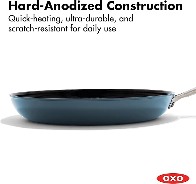 OXO Enhanced 12” Nonstick Frying Pan Skillet with Lid, Ceramic PFAS-Free Cookware, Stainless Steel Handle, Eggs & Omelets, Dishwasher & Oven Safe, Storm Blue