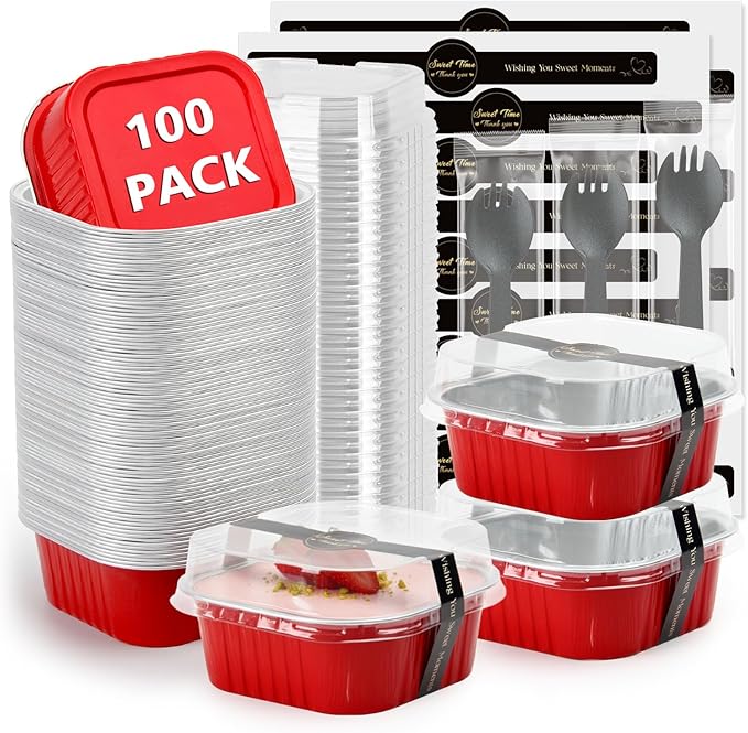 Ruckae 5oz 100 Pcs Square Mini Loaf Pans with Lids-Disposable Foil Dessert Containers,Mini Cake Pans with Lids,Aluminum Dessert Cups for Parties and Weddings (Red, 5oz)