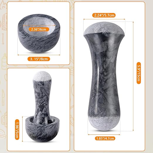 Tianman Small Mortar and Pestle Set 3.2 Inch.1/3 Cup.Mini Marble Grinder with Brush for Pills Herbs Spices,Easy to Grip.Efficient Grinding.Universal Dual Head Grinding Pestle.(Marble Black)