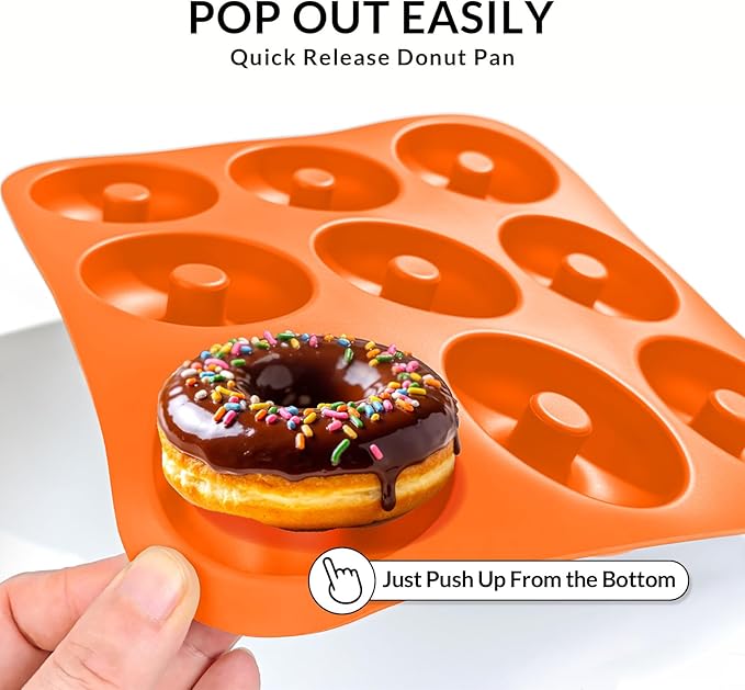 Large Silicone Donut Pan for Baking, 9 Cavity Non-Stick Food Grade Silicone Donut Molds, Doughnut Pan and Bagel Pans for Baking & Kitchen, BPA Free 11.2 x 11.1 Inches, Dishwasher Safe - Orange