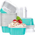 EUSOAR Aluminum Foil Baking Cups with Lids, Blue 10oz 50pcs Creme Brulee Cups, Disposable Ramekins, Muffin Cups for Baking, Square Cupcake Pans, Mini Cake loaf Bread Pans