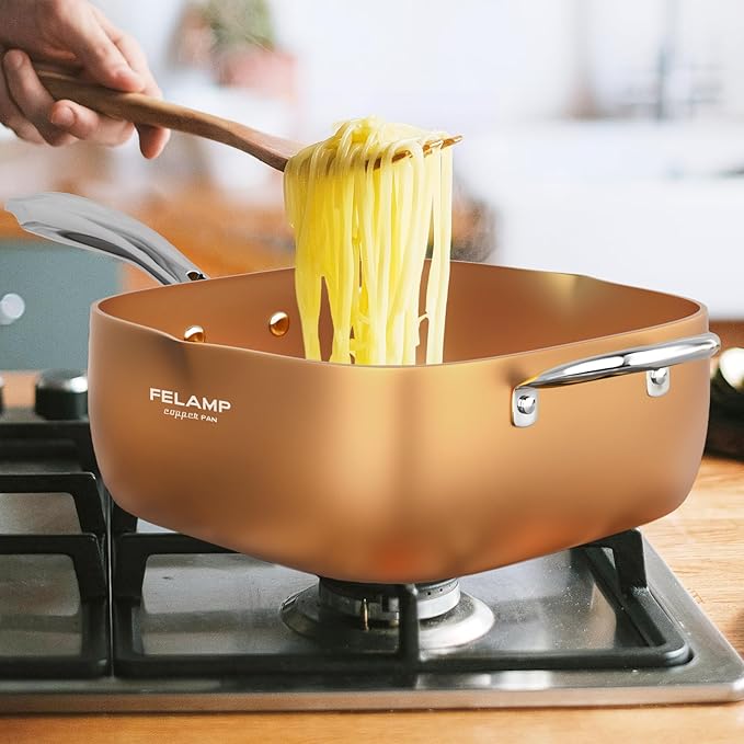FELAMP 11-Inch Ceramic Nonstick Deep Square Frying Pan Set with Glass Lid, Stainless Steel Fry Basket & Steamer Rack, Induction Compatible, Oven &Dishwasher Safe, 4-Piece Copper Pan Chef Cookware Set