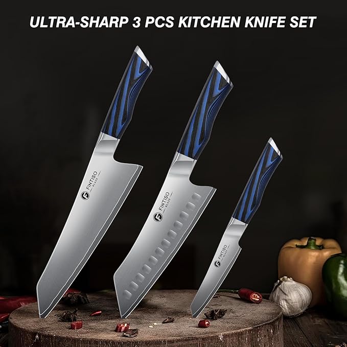 FINTISO 3PCS Kitchen Knife Set, Professional Chef Knives Set with G10 Handle, Premium 5-Layer 10Cr15CoMoV Japanese Steel Knives Set, Ultra Sharpe Knife for Meat and Vegetable