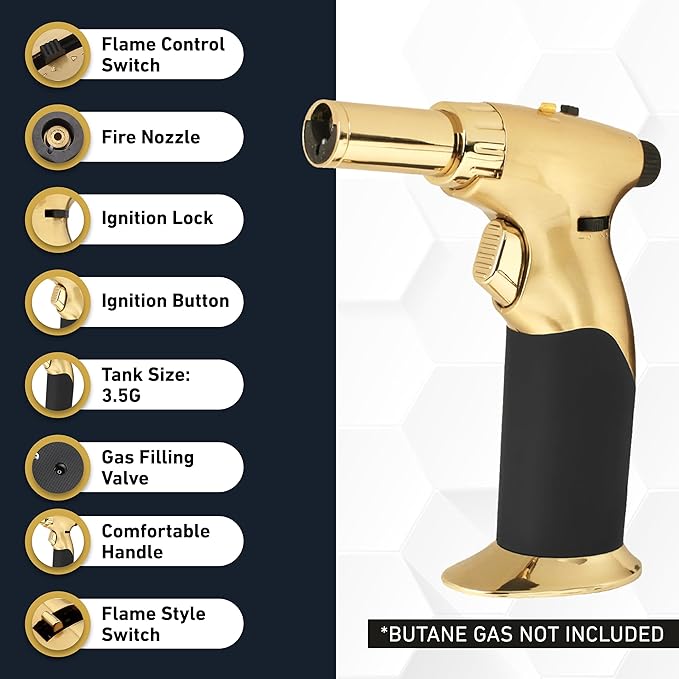Dual Flame Butane Torch Gun - Refillable Luxury Hand Held Mini Blow Torch for Cooking, Creme Brulee, Soldering, Welding, & Resin Art - Adjustable Flame with Ignition Lock - Gold Black by inZaynity