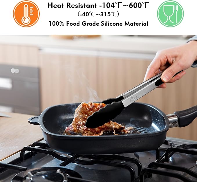 HOTEC Premium Stainless Steel Locking Kitchen Tongs with Silicon Tips, Set of 3-7", 9" and 12" (Black,Grey,Khaki)