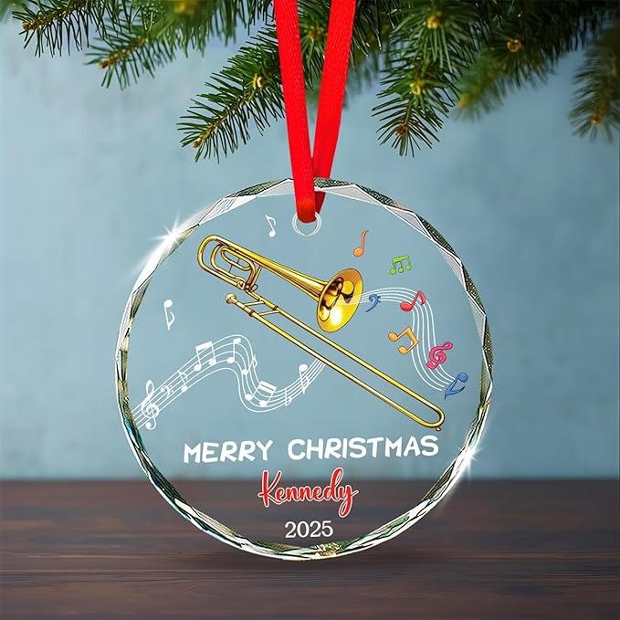 Custom Text & Name Trombone Instrument Player Glass Ornament, Trombone Christmas Ornament Gift for Instrumentalist, Personalized Trombonist Xmas Glass Ornaments, Musical Instrument Christmas Keepsake