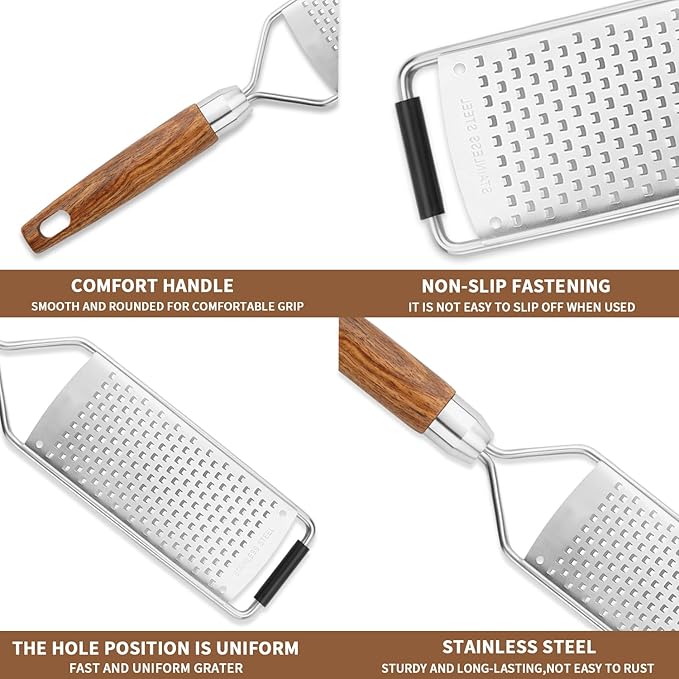 Professional Cheese Grater Stainless Steel,Multi-Purpose Grater With Wood Handle for Cheese, Ginger, Lemon, Garlic, Nutmeg,Fruits,Chocolate & Spices-Wideboard (Round)
