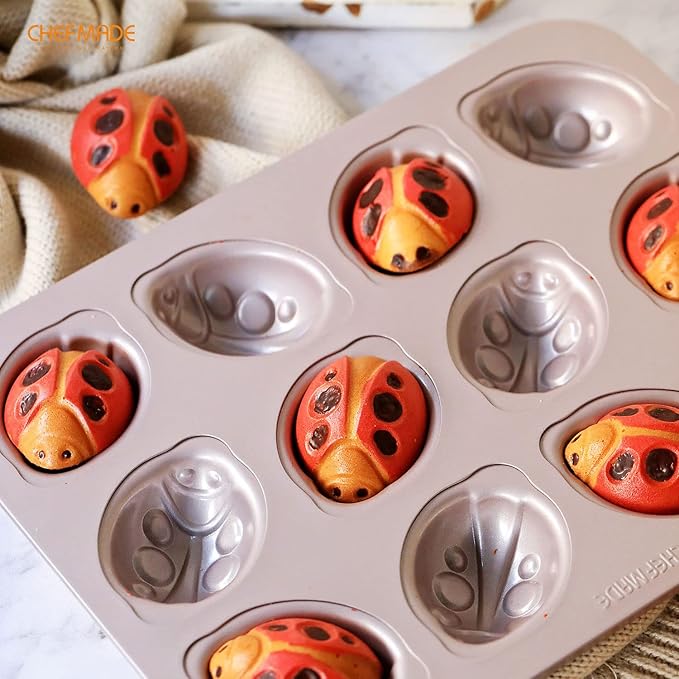 CHEFMADE Beetle Cake Pan, 12-Cavity Non-Stick Animal Muffin Bakeware for Oven Baking (Champagne Gold)
