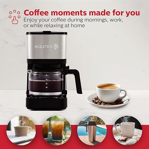 Holstein Housewares 5 Cup Coffee Maker – Compact Drip Coffee Machine with Auto Pause & Serve, Reusable Filter, Glass Carafe, Water Window & Warming Plate, Black