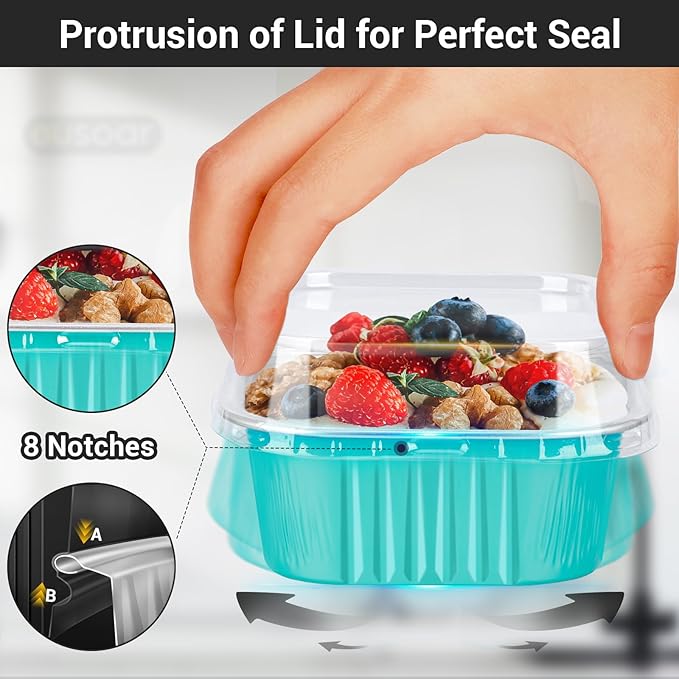 EUSOAR Aluminum Foil Baking Cups with Lids, Blue 10oz 50pcs Creme Brulee Cups, Disposable Ramekins, Muffin Cups for Baking, Square Cupcake Pans, Mini Cake loaf Bread Pans