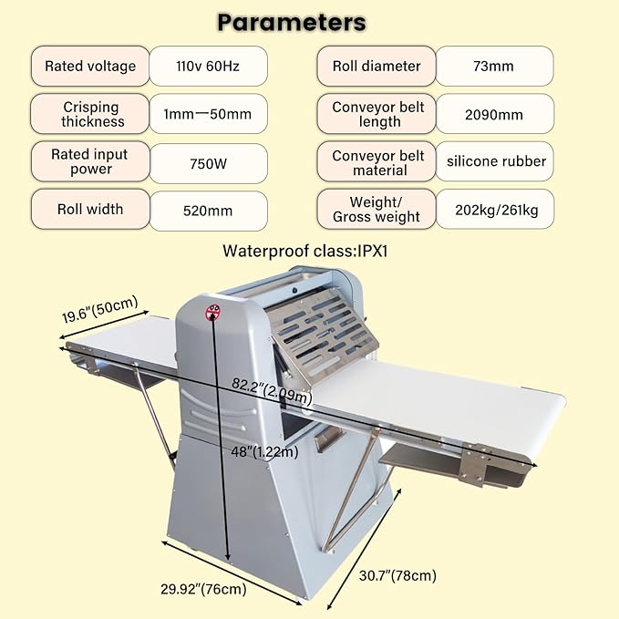 Commercial Dough Roller Sheeter 750W Vertical Dough Danish Pastry Machine Dough Laminator 0.04"-1.96"(1mm-50mm) Crisping Thickness Pasta Roller Bread Shortening Machine 110V