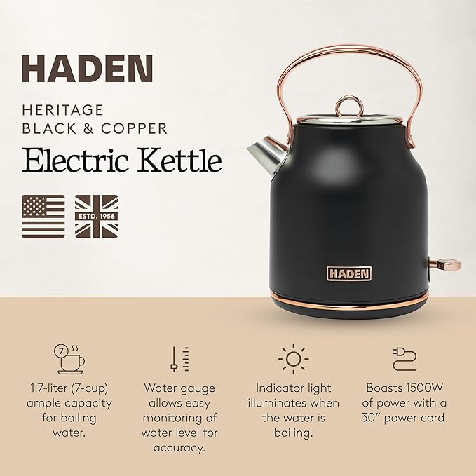 Haden Heritage 1.7 Liter Stainless Steel Electric Kettle, Hot Water Tea Kettle with 360-Degree Base and Auto Shutoff, Black & Copper