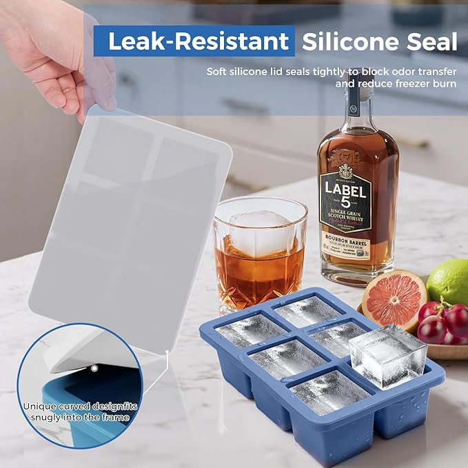 mossime Silicone Ice Cube Tray: 4pack Square Whiskey Large Ice Cube Molds - Old Fashioned Ice Cube Trays with Lid - 2inch Easy Release Big Freezer Mold for Cocktail Baby Food Soup & Juice