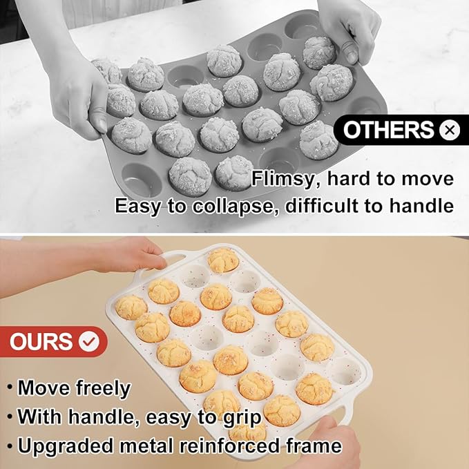 Mini Cupcake Pans, Metal Reinforced Frame Silicone Mini Muffin Pan Nonstick 24 Cups Easy to Handle for Baking Muffins, Cupcakes, Egg Bites 1 Pack