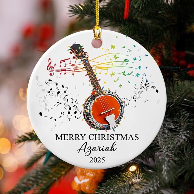 Personalized Banjo Musical Ceramic Ornament Gift for Banjo Player Daughter Son Dad Mom Friends, Customized Text Year Name Banjoist Christmas Ornament 2025, Unique Banjos Instrument Ceramic Ornaments