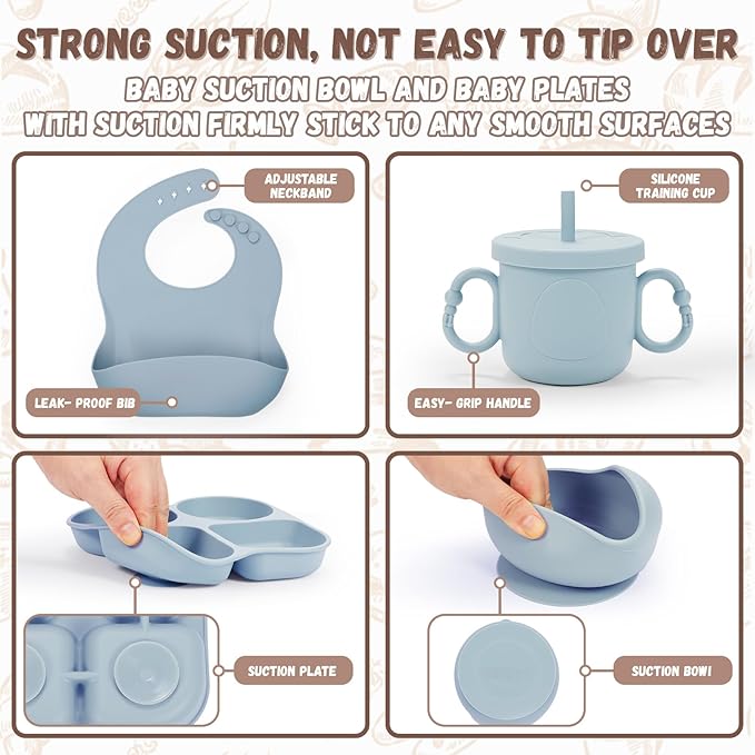 Silicone Baby Feeding Set, Baby Led Weaning Supplies, Baby Food Tableware Silicone Suction Plate, Bowl, Spoons, Fork, Waterproof Bib, Cup & Complementary Food Cake Mold, Baby Eating Utensils