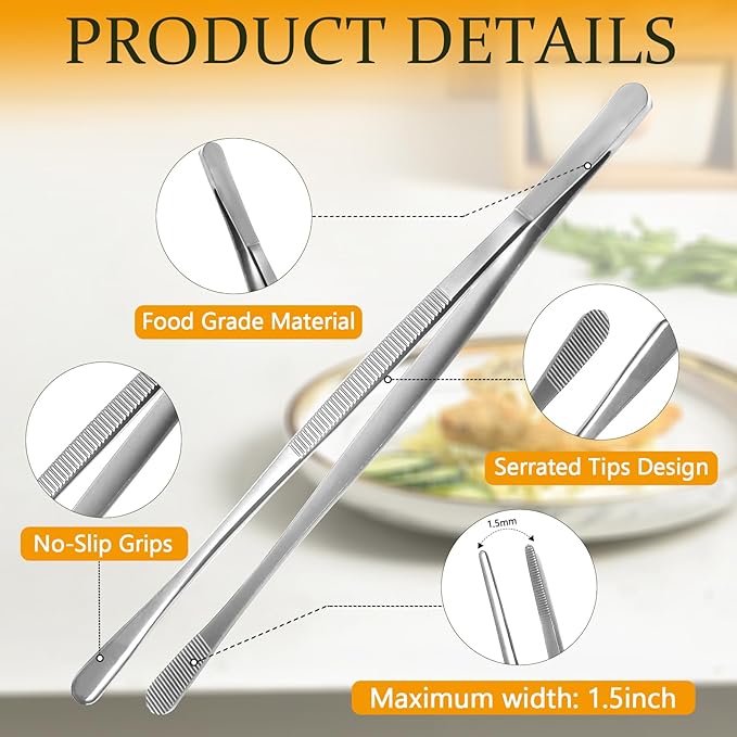 Litoexpe 4 PCS 10in & 12in Fine Tweezer Tongs, Stainless Steel Cooking Tongs for BBQ Sea Food Repairing Serving, Silver