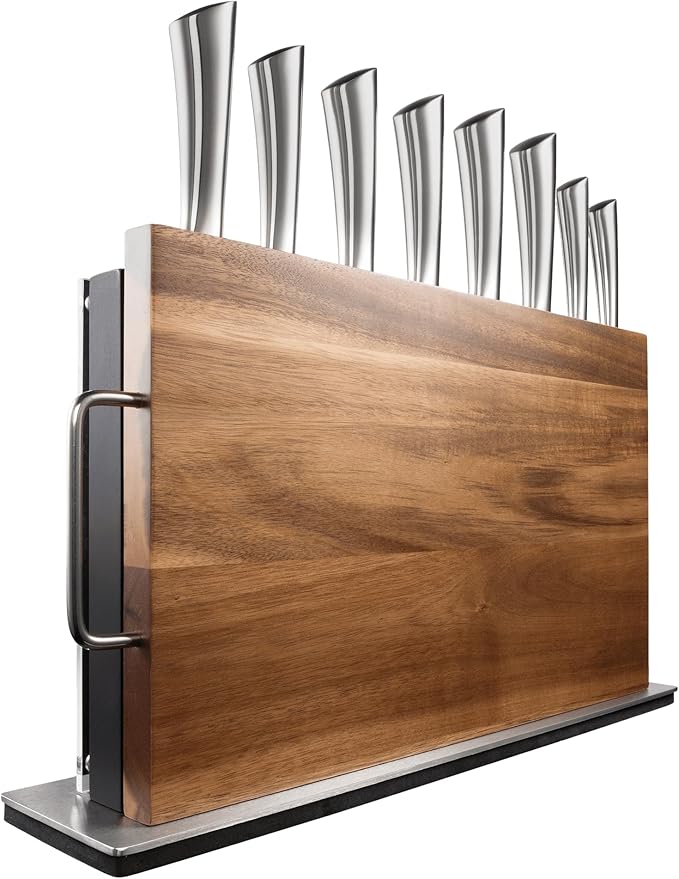 Cuisine::pro Damashiro Knife Block (Bodo, 10 Piece Set) - Premium Japanese Steel Knife Set With Transparent Display - Built-in Magnetic Acacia Wood Chopping Board