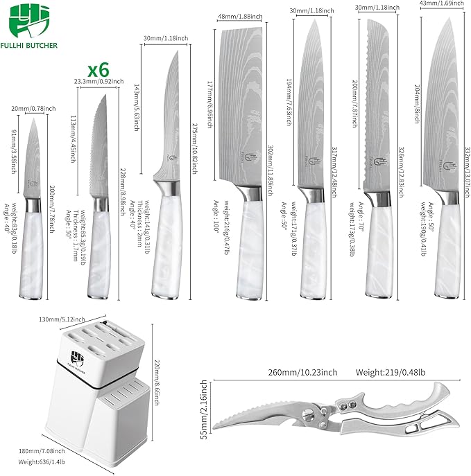 FULLHI 14pcs Block Knife Set, Chef's Knife Steak Knives Set with Block and Sharpener, Kitchen Knife Set, Multi-colour Handle, Gifts for Men Women