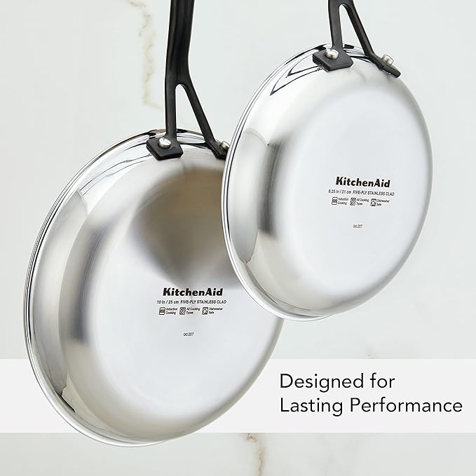 KitchenAid 30051 5-Ply Clad Polished Stainless Steel Frying Pan Set/Skillets, 8.25 Inch and 10 Inch - Polished Stainless Steel