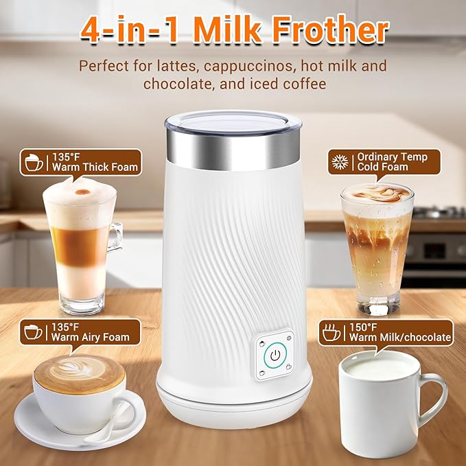 Milk Frother, 4-in-1 Electric Milk Steamer with Warm and Cold Foam Maker, Milk Heater and Warmer Hot & Cold Milk Foamer Maker for Latte Coffee Chocolate
