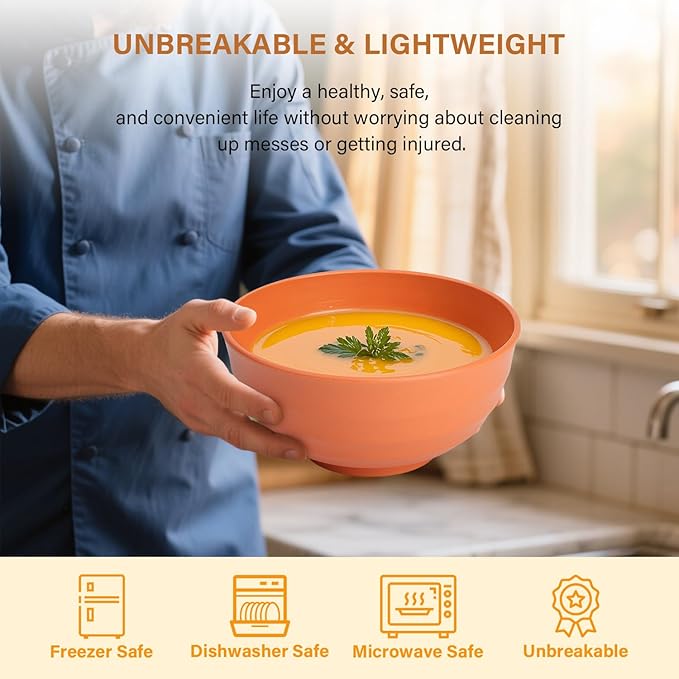Homienly Large Bowls, 60 Oz Salad Bowls, Large Cereal Bowls, 8PCS Unbreakable Wheat Straw Serving Bowls for Pho, Popcorn, Soup & Oatmeal, Microwave & Dishwasher Safe for Kitchen, Camping (Multi)