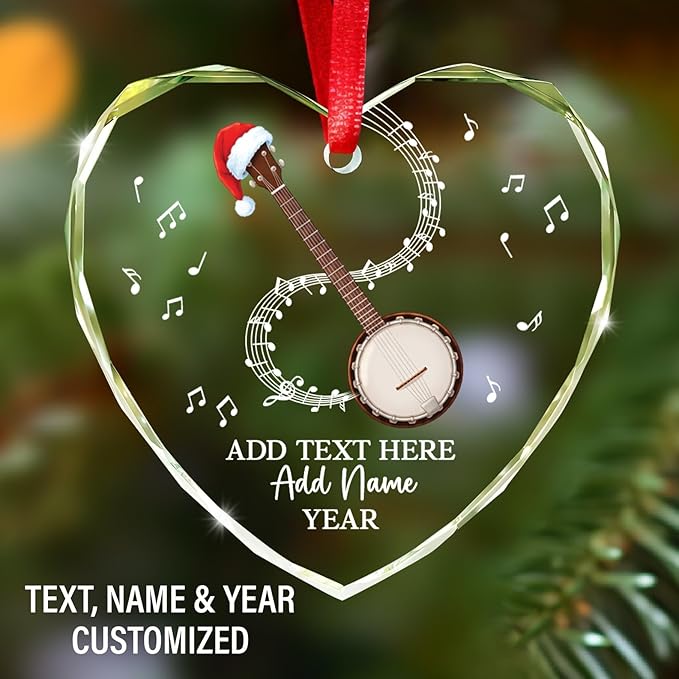 Customized Banjo Musical Instrument Glass Ornaments, Personalized Banjo Christmas Ornament with Text Name Year, 2025 Christmas Ornament Gift for Banjoist/Teacher/Student, Musician Keepsake