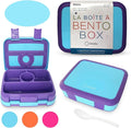 kinsho Bento Lunch Box for Kids Toddlers, 4 Portion Sections Secure Lid, Microwave Safe BPA Free Removable Tray, Pre-School Kid Daycare Lunches Snack Container Ages 3 to 5 Blue Purple