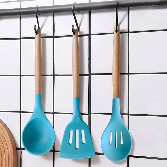 Kitchen Utensils Set 6-Piece Non-Stick Silicone Cooking Utensils Set, Wood Handle Heat Resistant Spatula Spoon Turner Ladle Pasta Server Cooking Kitchen Gadgets BPA Free for Nonstick Cookware