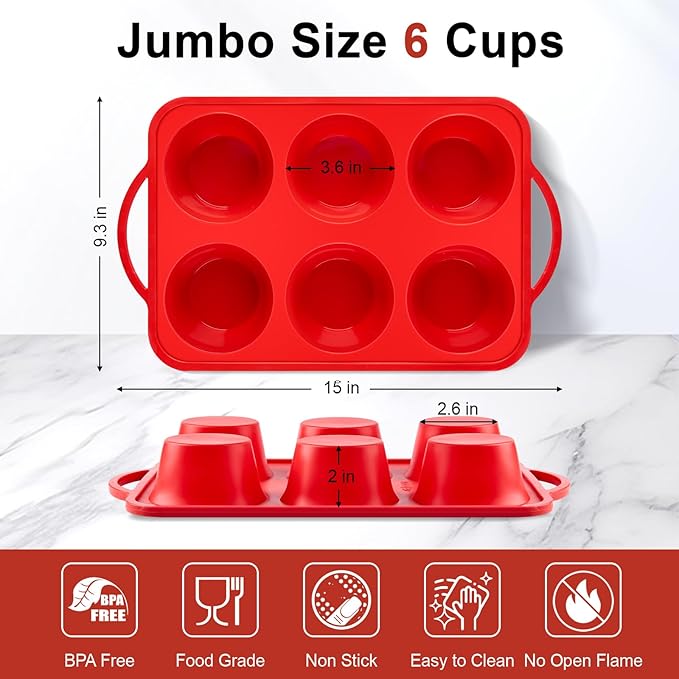 Jumbo Muffin Pan with Metal Frame, 6 Cup Large Cupcake Mold with Handles, Silicone Egg Bite Baking Tray, BPA Free & Non-Stick