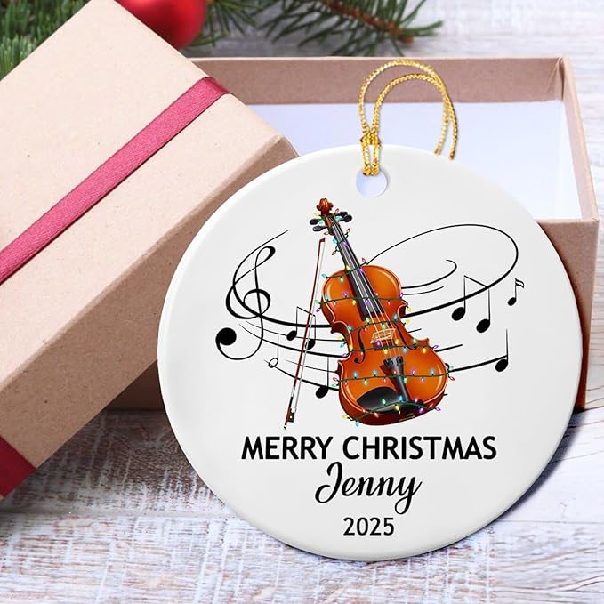 Personalized Violin Player Ceramic Decor Ornament, Customized Text Year Name Violinist Christmas Ornaments Gift for Friends Husband Wife Grandkids, Violin Instrument Lover Ceramic Xmas Tree Ornament