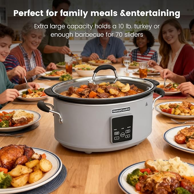HOMECOOKIN Slow Cooker, Extra Large 10 Quart Digital Programmable Slow Cookers with Timer, Dishwasher Safe Glass Lid & Crock, Kitchen Appliance for Families and Gatherings, Grey