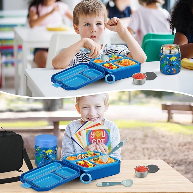 Bento Lunch Box for Kids with 12oz Soup Thermo Leak-Proof Lunch Food Container with 5 Compartment Thermo Hot Food Jar and Insulated Lunch Bag for Kid Toddler Girls Boys to School